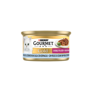 Gourmet Gold Duplo Prazer- Pedaços de peixe e espinafres para gato